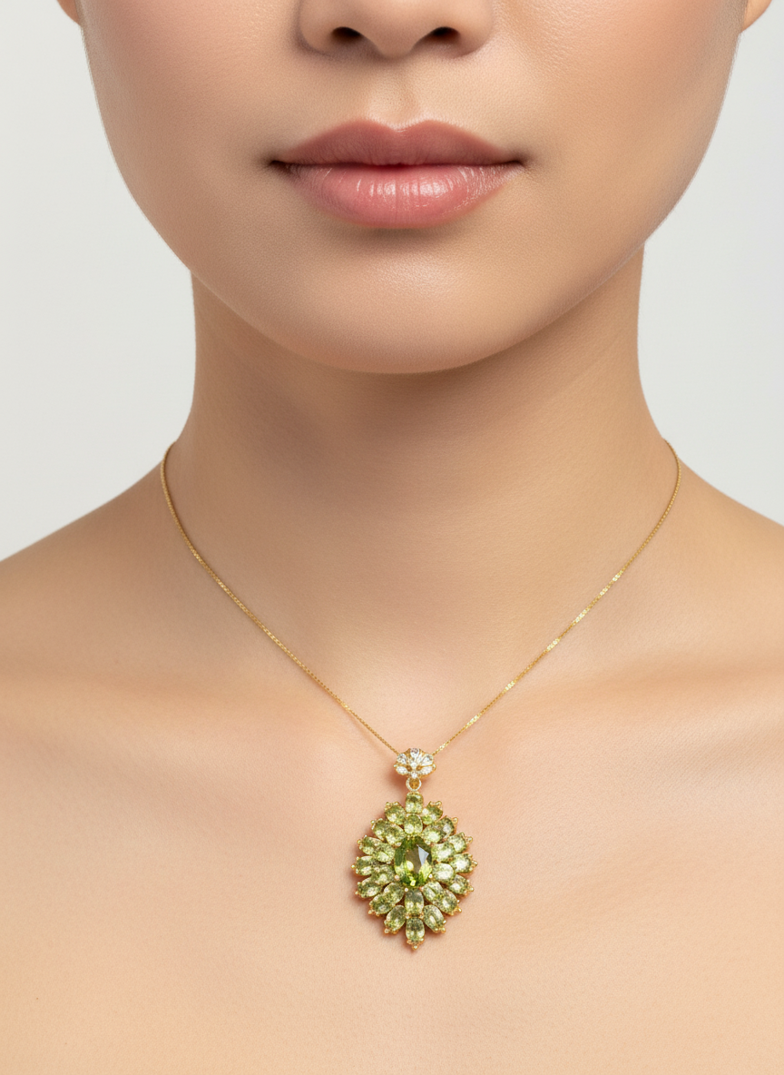 Peridot Bloom Pendant Necklace – Gold-Tone Floral Cluster