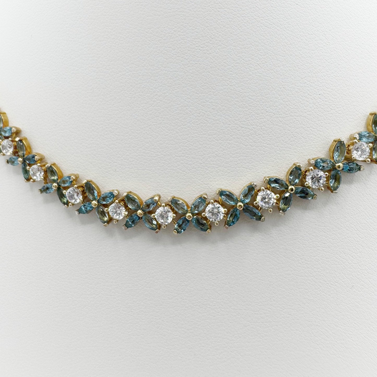 London Blue Topaz and Cubic Zirconia flower fancy necklace gold plated silver - Crystal Elysium