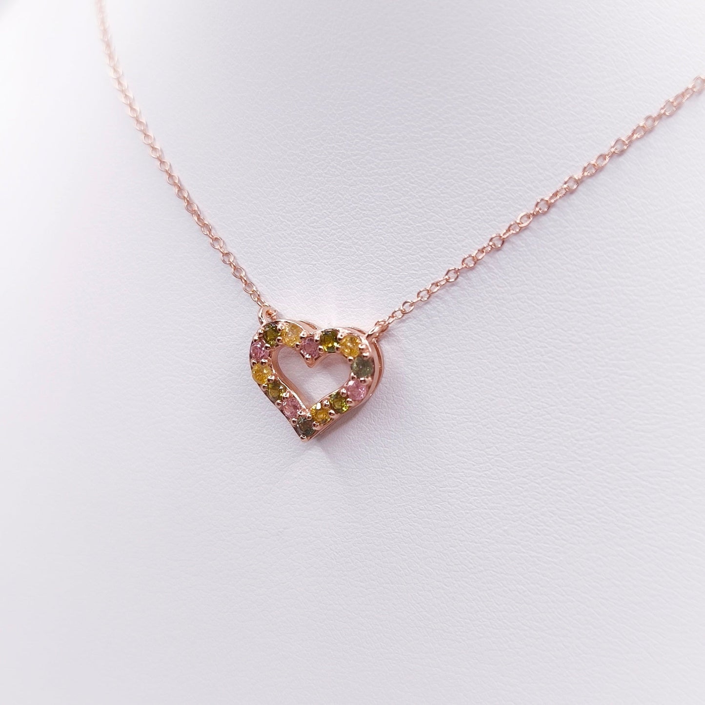 18K rose gold plated sterling silver necklace with heart pendant set with multicolor tourmaline gemstones