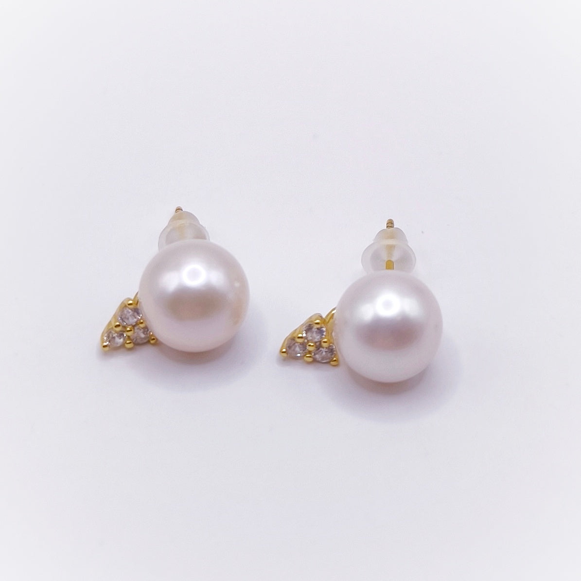 Pearls ear studs 9.5mm very light pink color round crown 3 cubic zirconia accent stones