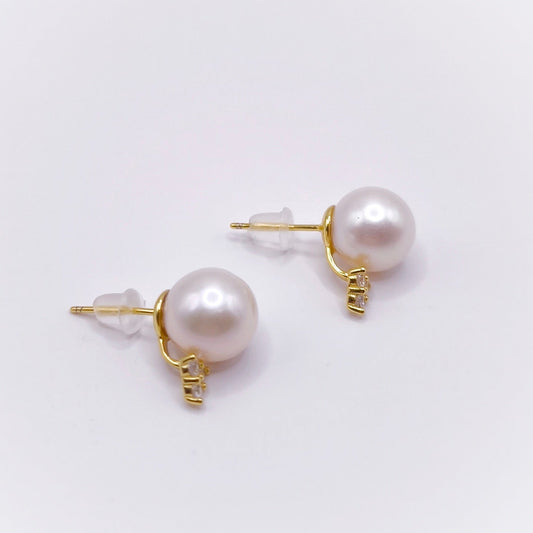 Pearls ear studs 9.5mm very light pink color round crown 3 cubic zirconia accent stones