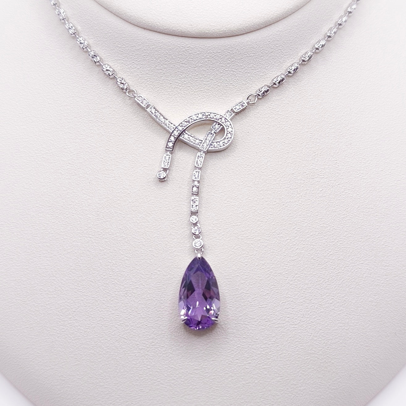 Amethyst tear drop shape necklace 17x9 mm chain length 40 cm with extension 5 cm