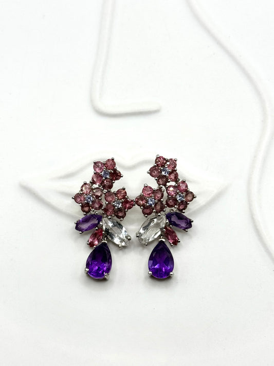 Amethyst Fancy Cluster Drop Earrings in 925 Silver