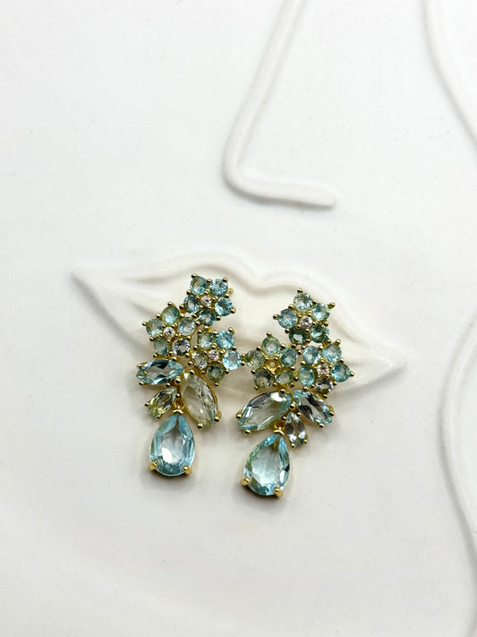 Blue topaz Fancy Cluster Drop Earrings in 925 Silver