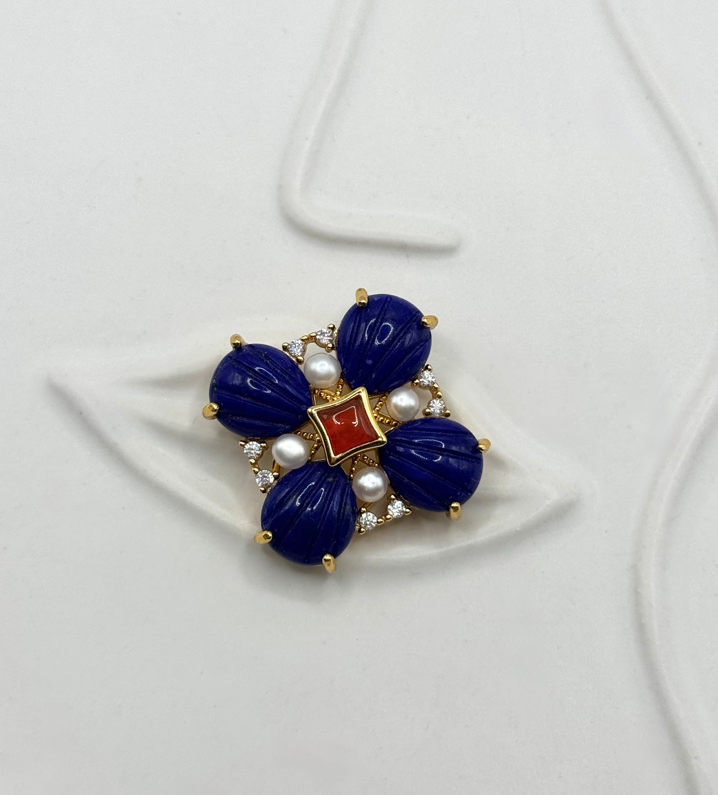 Lapis Lazuli & Carnelian Floral Brooch Pendant with Freshwater Pearls – Convertible Pin