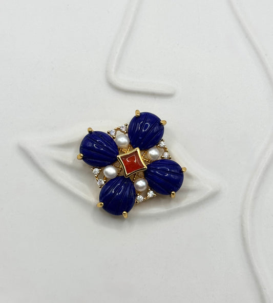 Lapis Lazuli & Carnelian Floral Brooch Pendant with Freshwater Pearls – Convertible Pin