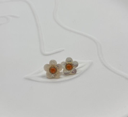 Mother of Pearl Floral Stud Earrings with Carnelian