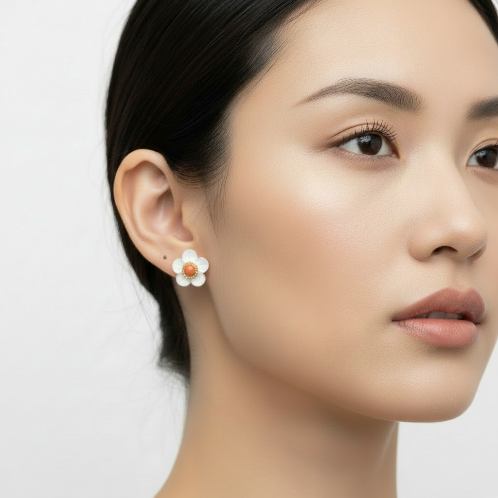 Mother of Pearl Floral Stud Earrings with Carnelian