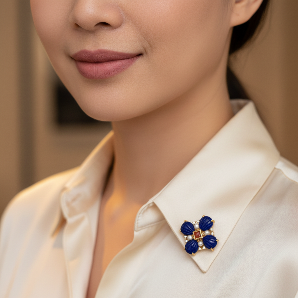 Lapis Lazuli & Carnelian Floral Brooch Pendant with Freshwater Pearls – Convertible Pin