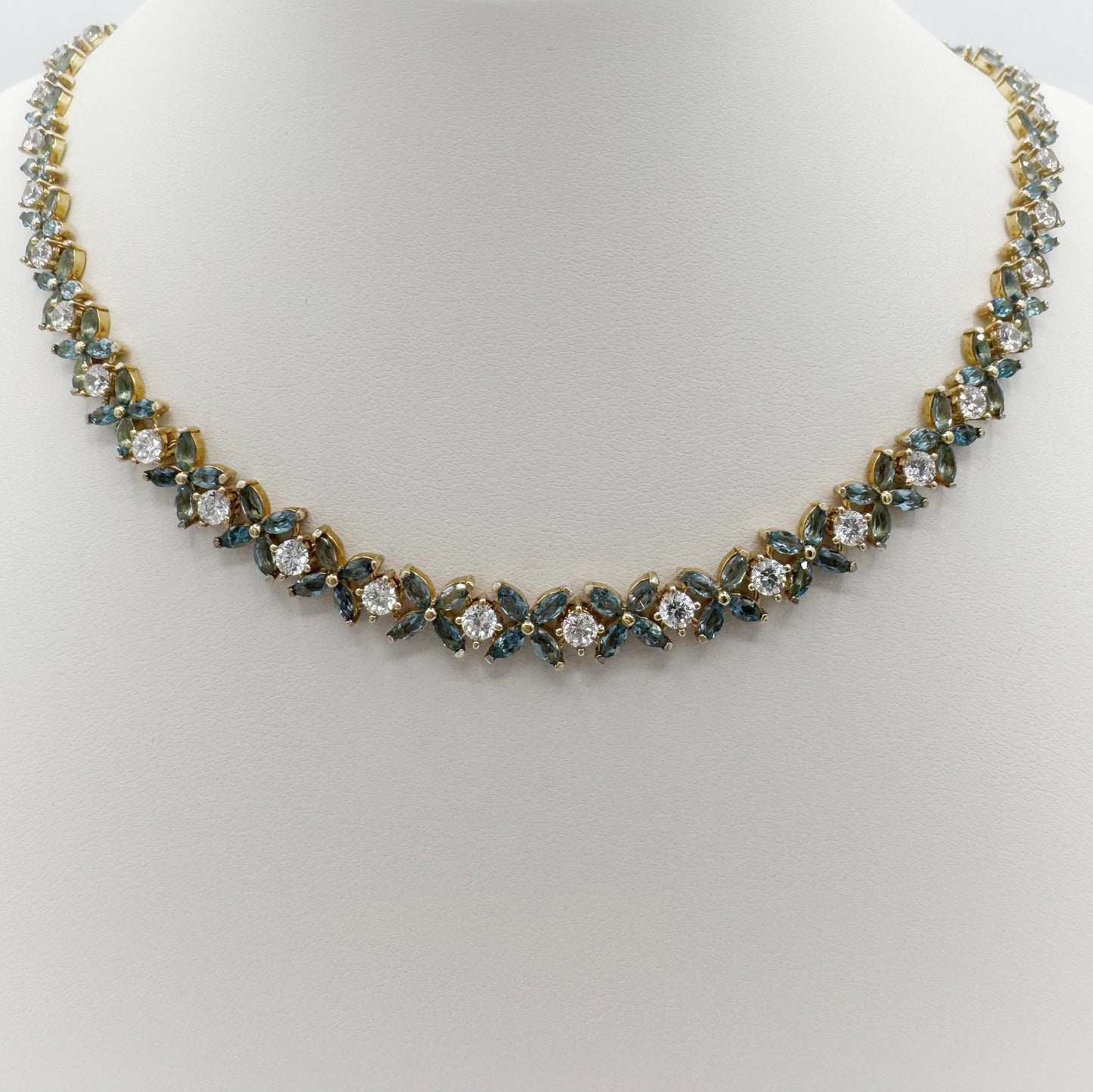 London Blue Topaz and Cubic Zirconia flower fancy necklace gold plated silver - Crystal Elysium