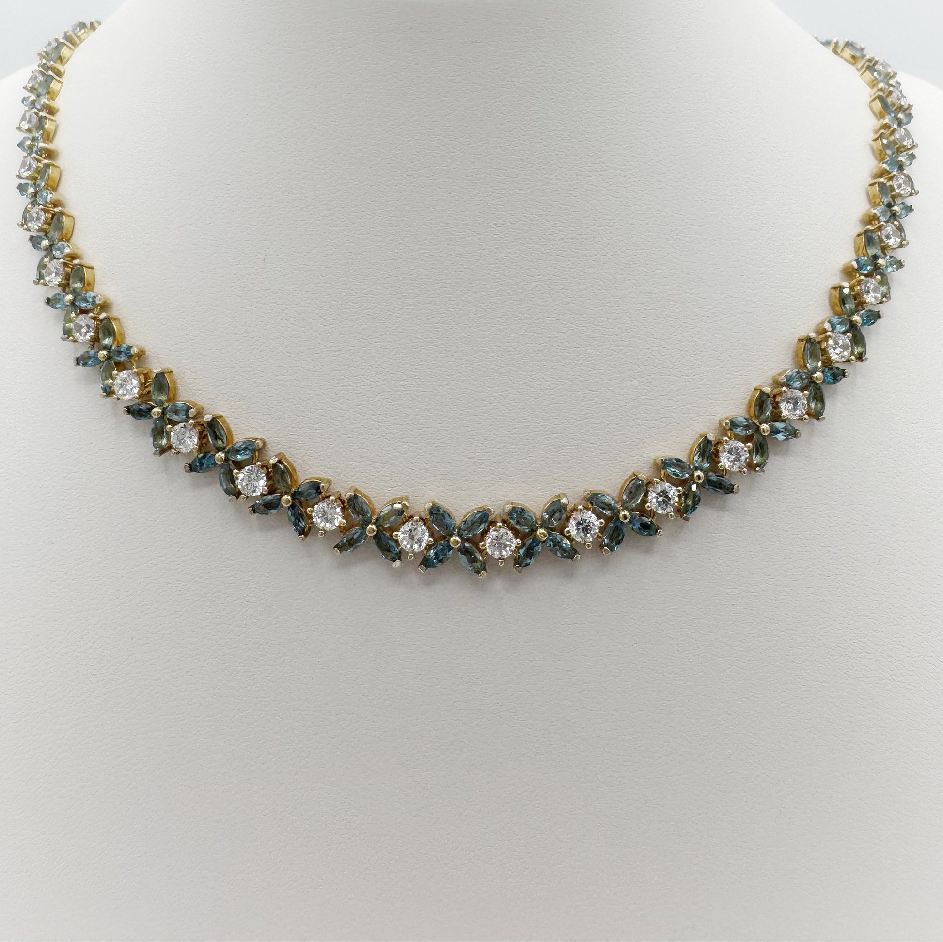 London Blue Topaz and Cubic Zirconia flower fancy necklace gold plated silver - Crystal Elysium