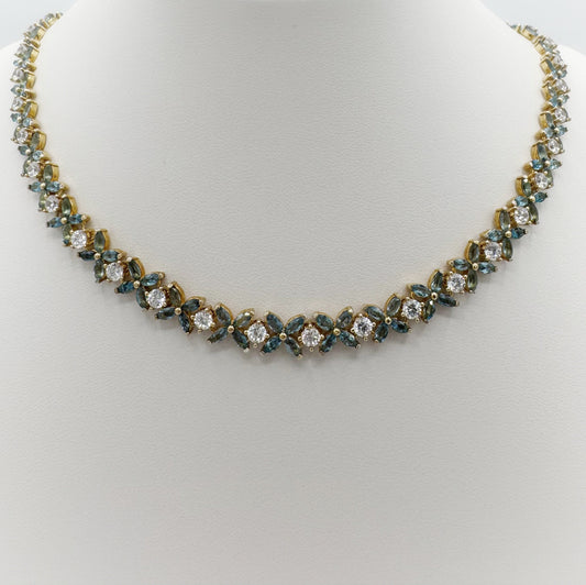 London Blue Topaz and Cubic Zirconia flower fancy necklace gold plated silver - Crystal Elysium