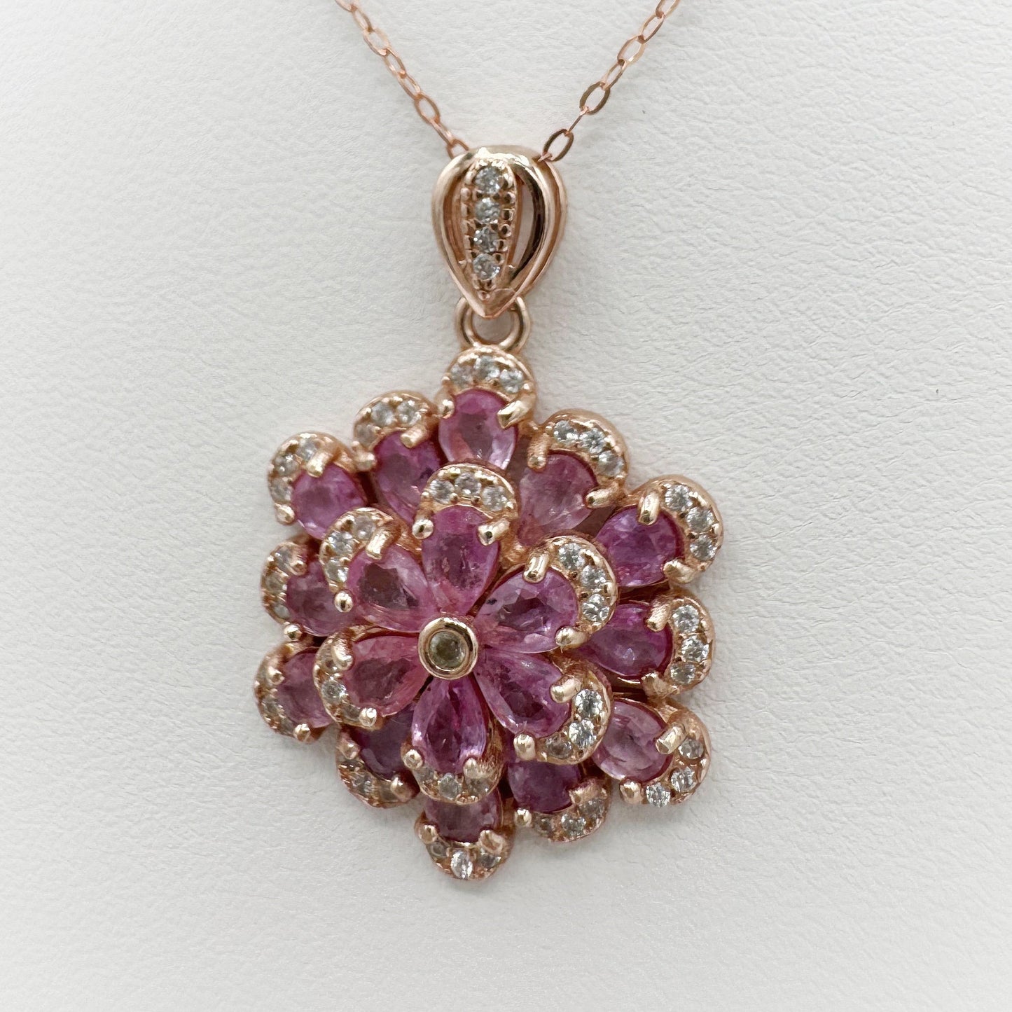 Pink Sapphire flower pendant in 925 rose gold plated silver - Crystal Elysium