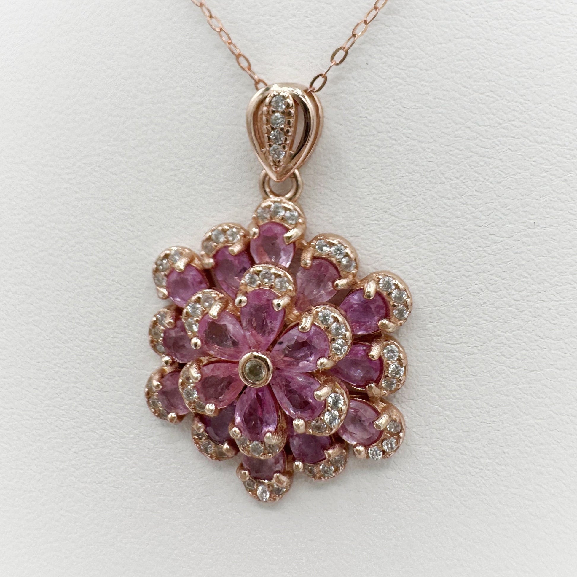 Pink Sapphire flower pendant in 925 rose gold plated silver - Crystal Elysium