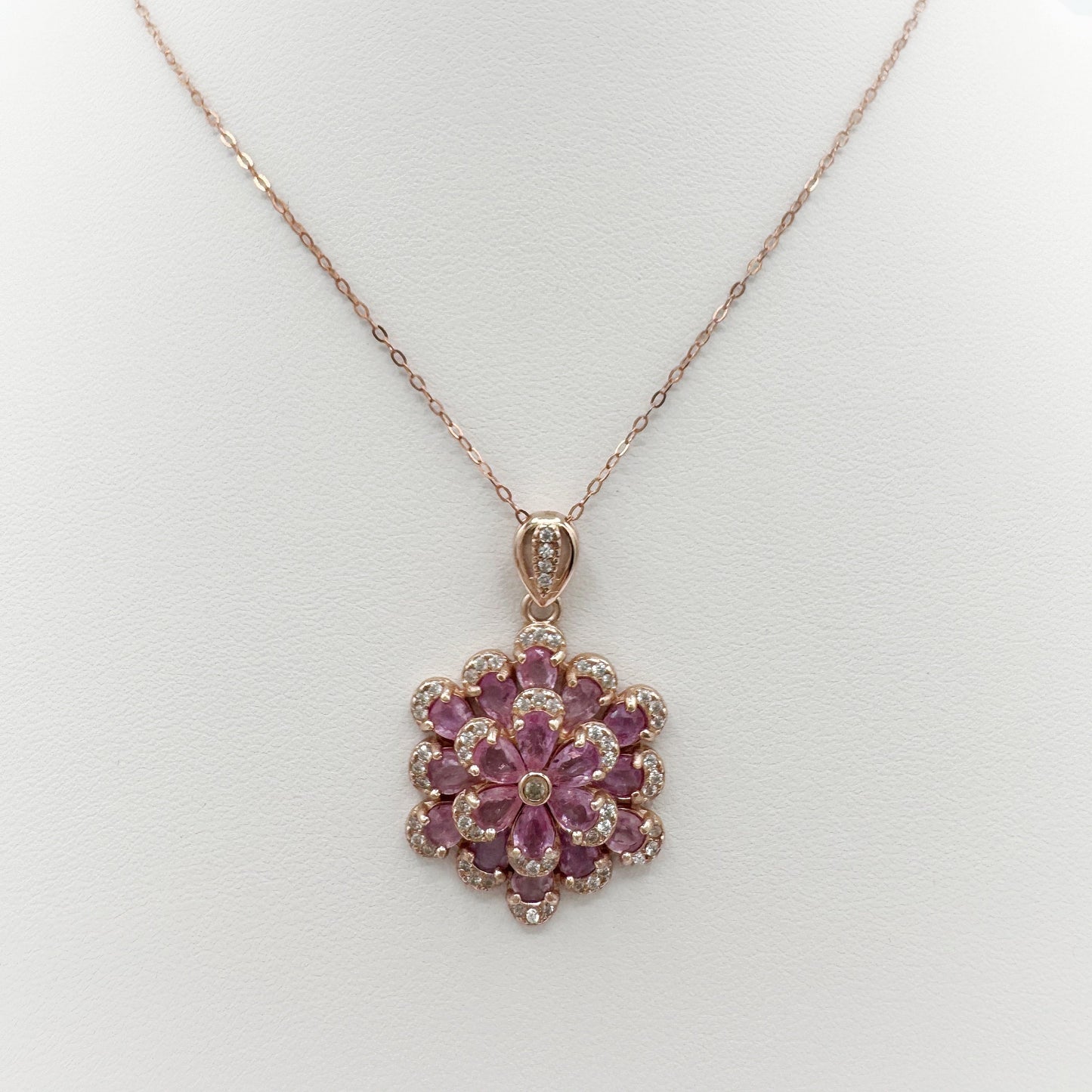 Pink Sapphire flower pendant in 925 rose gold plated silver - Crystal Elysium