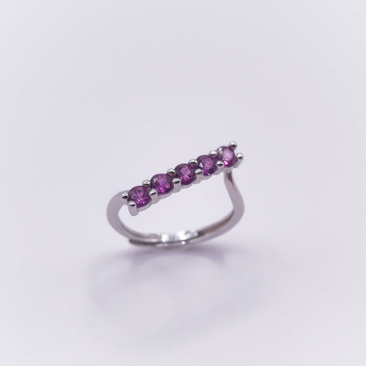 Adjustable amethyst ring with seven 3mm round-cut stones in 925 sterling silver