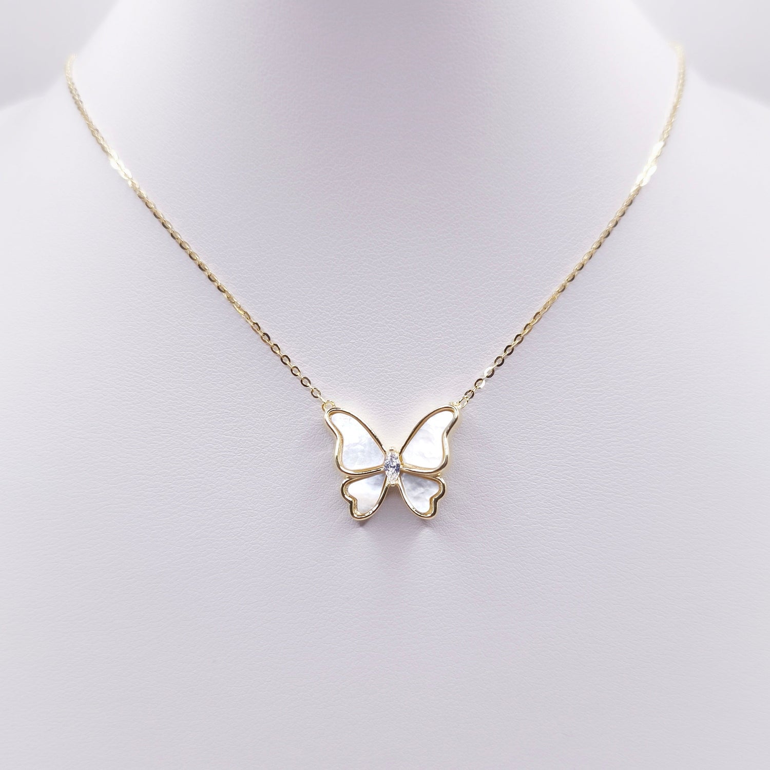 18K gold plated sterling silver butterfly necklace with mother of pearl inlay, cubic zirconia accent, 45 cm chain