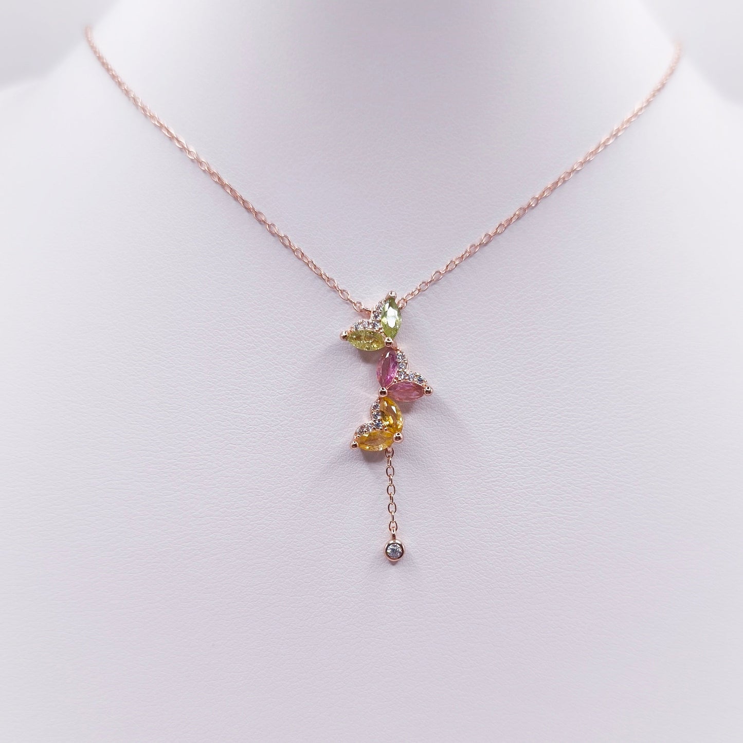 18K rose gold plated sterling silver necklace with multicolor marquise-cut tourmaline gemstones in butterfly design