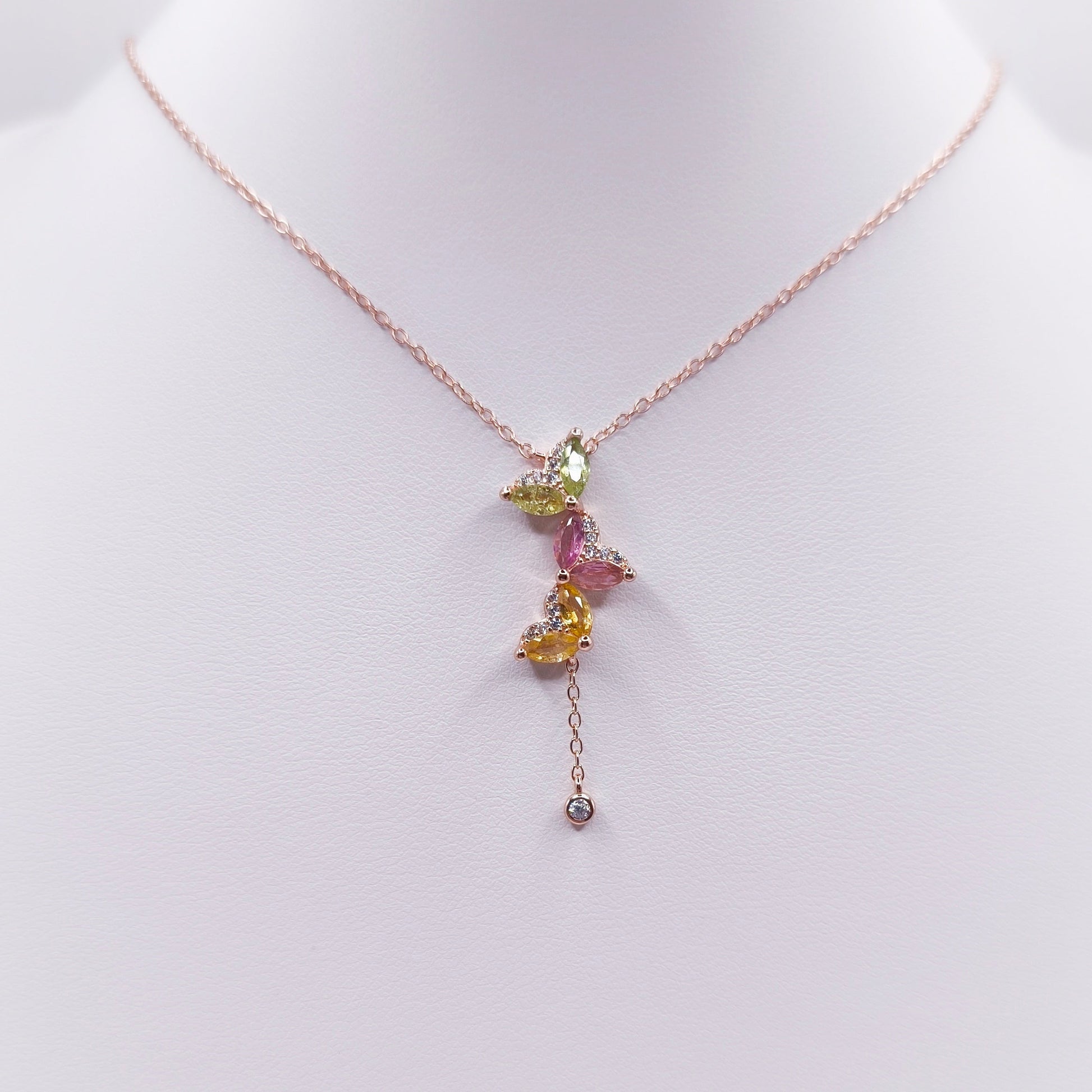 18K rose gold plated sterling silver necklace with multicolor marquise-cut tourmaline gemstones in butterfly design