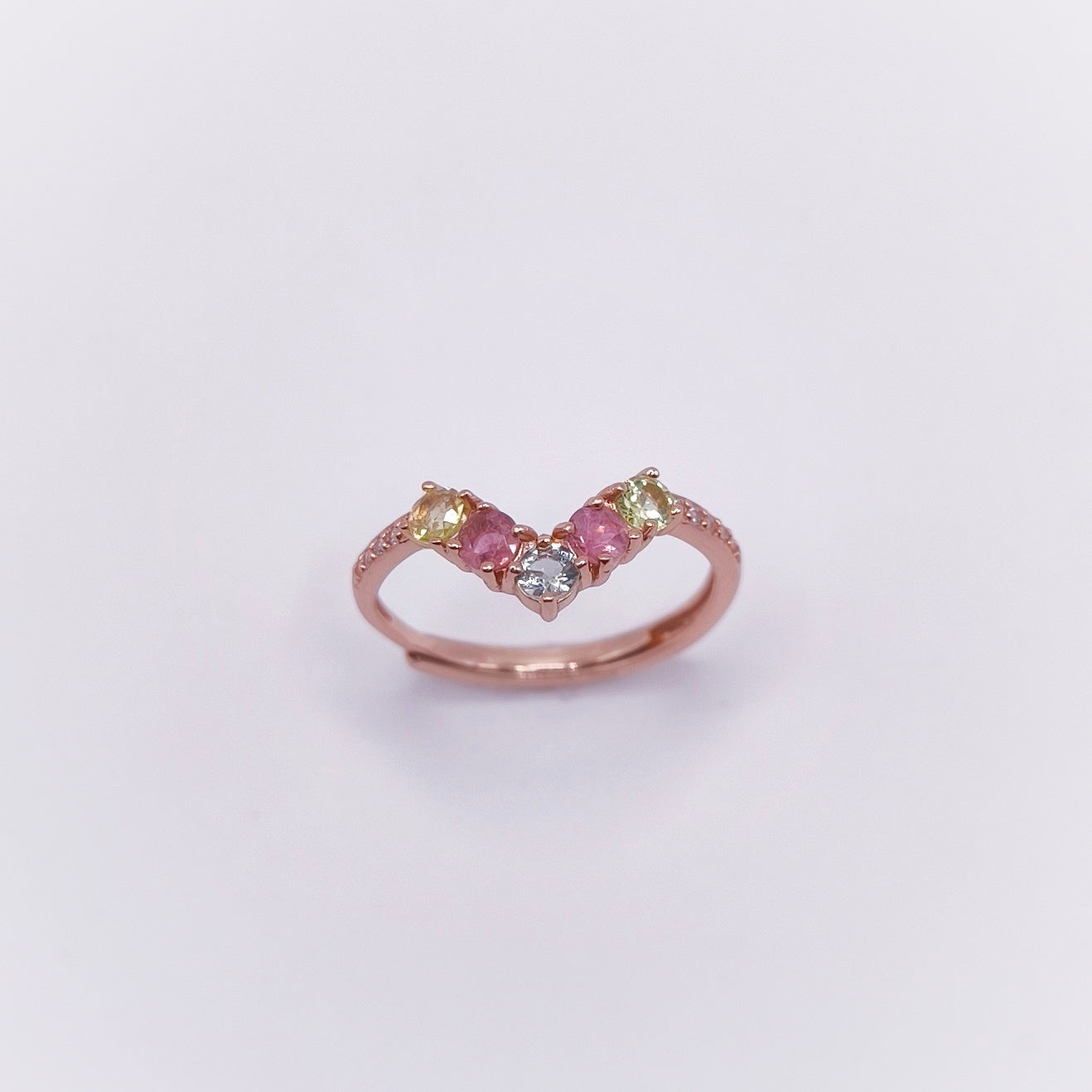 Adjustable ring with multicolor tourmaline gemstones in 18K rose gold plated 925 sterling silver