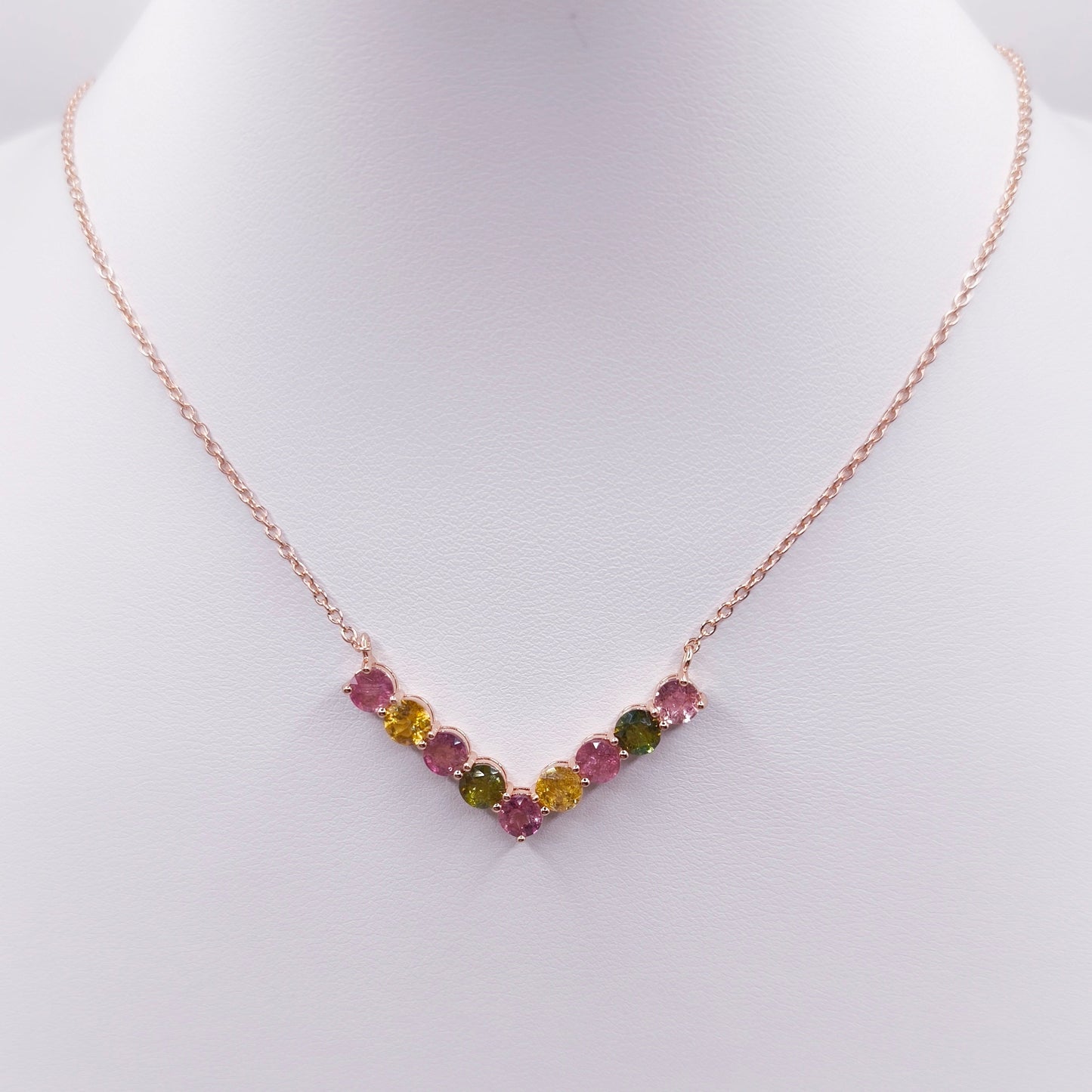 18K rose gold plated sterling silver necklace with multicolor tourmaline gemstones in V-shaped design