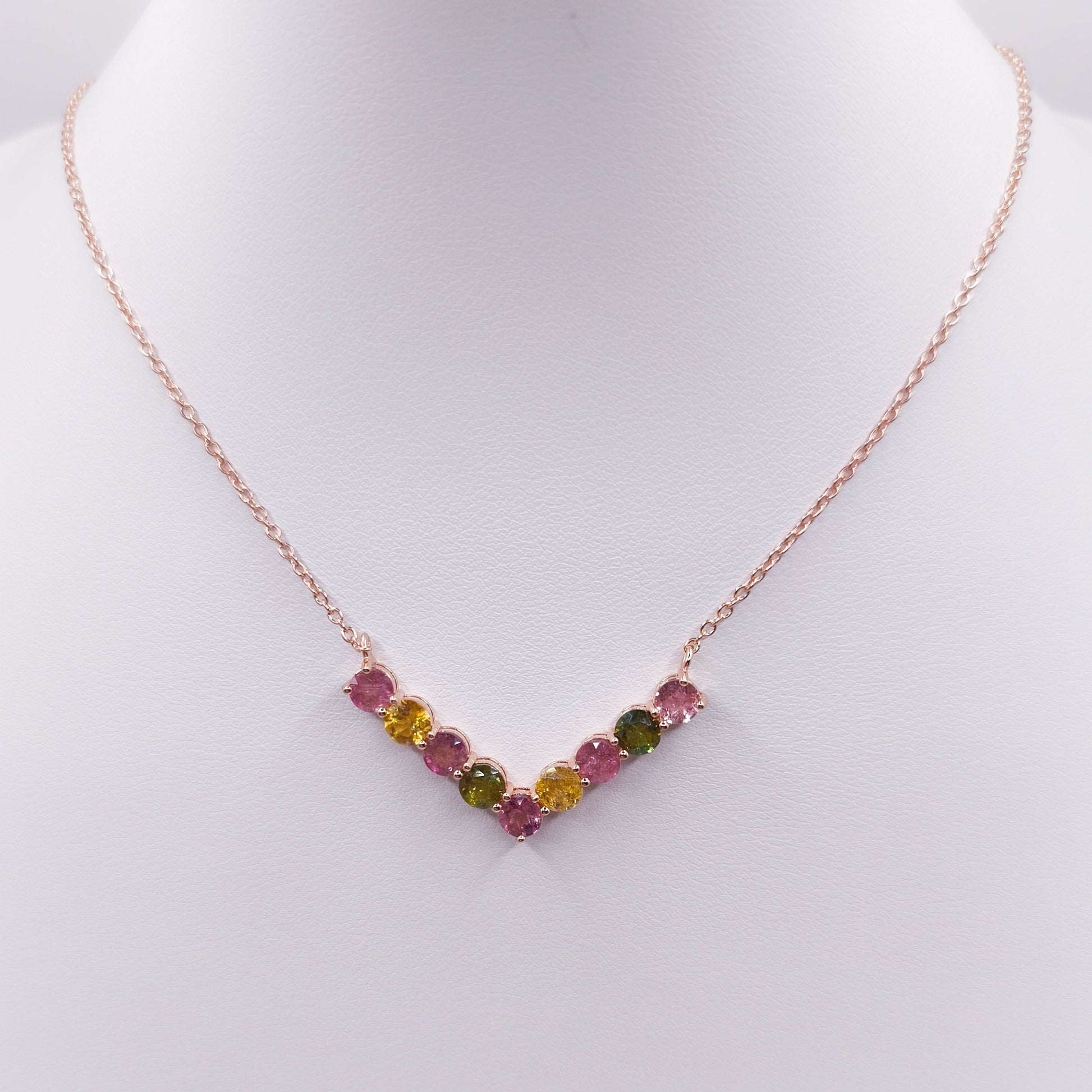 18K rose gold plated sterling silver necklace with multicolor tourmaline gemstones in V-shaped design