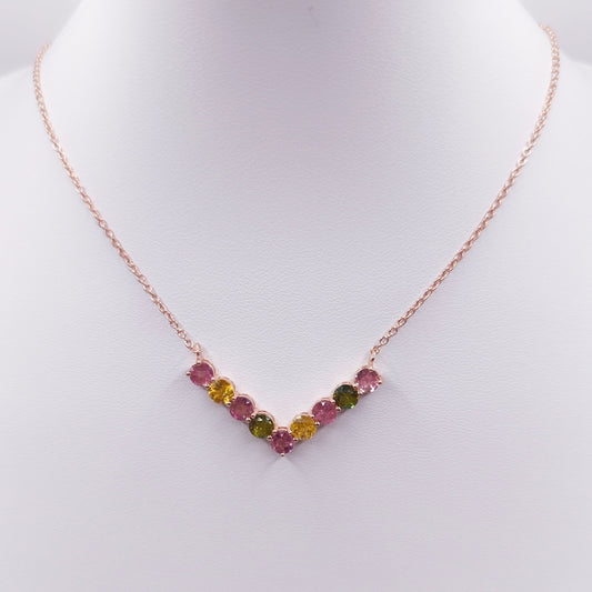 18K rose gold plated sterling silver necklace with multicolor tourmaline gemstones in V-shaped design