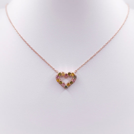 18K rose gold plated sterling silver necklace with heart pendant set with multicolor tourmaline gemstones