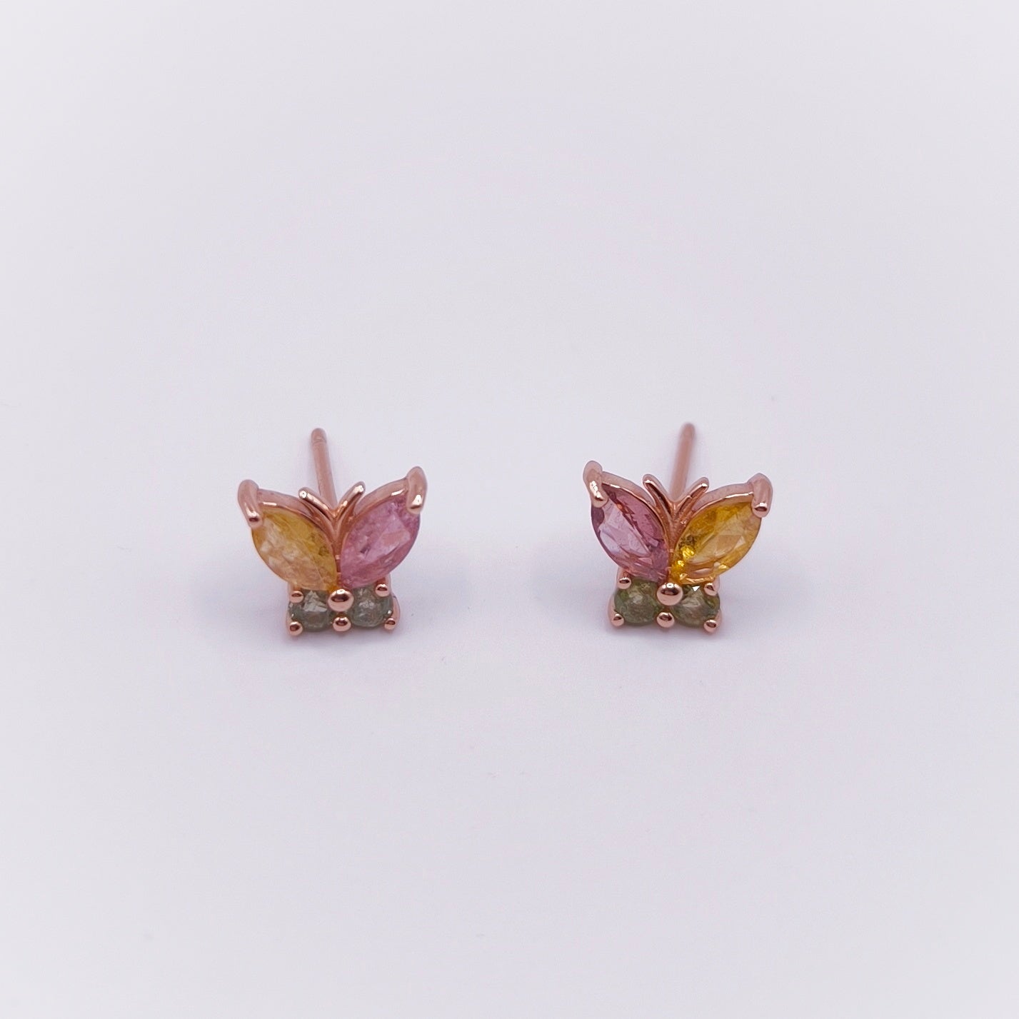 Multicolor tourmaline ear studs in marquise and round cuts with 18K rose gold plated 925 sterling silver