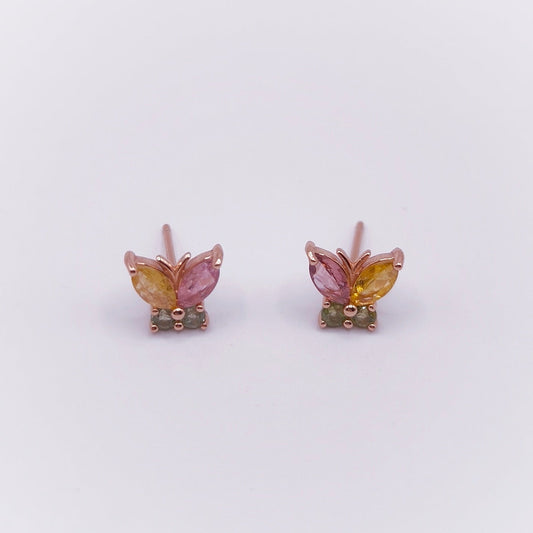 Multicolor tourmaline ear studs in marquise and round cuts with 18K rose gold plated 925 sterling silver