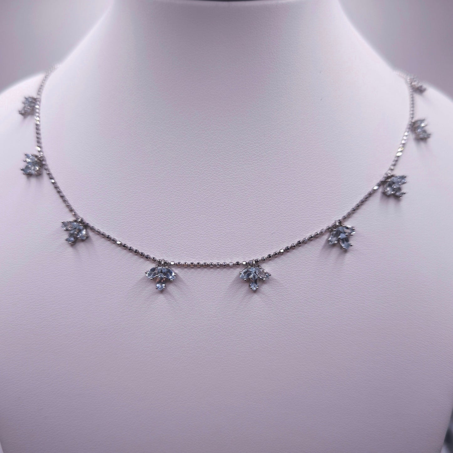 Sterling silver necklace with marquise-cut aquamarine gemstones