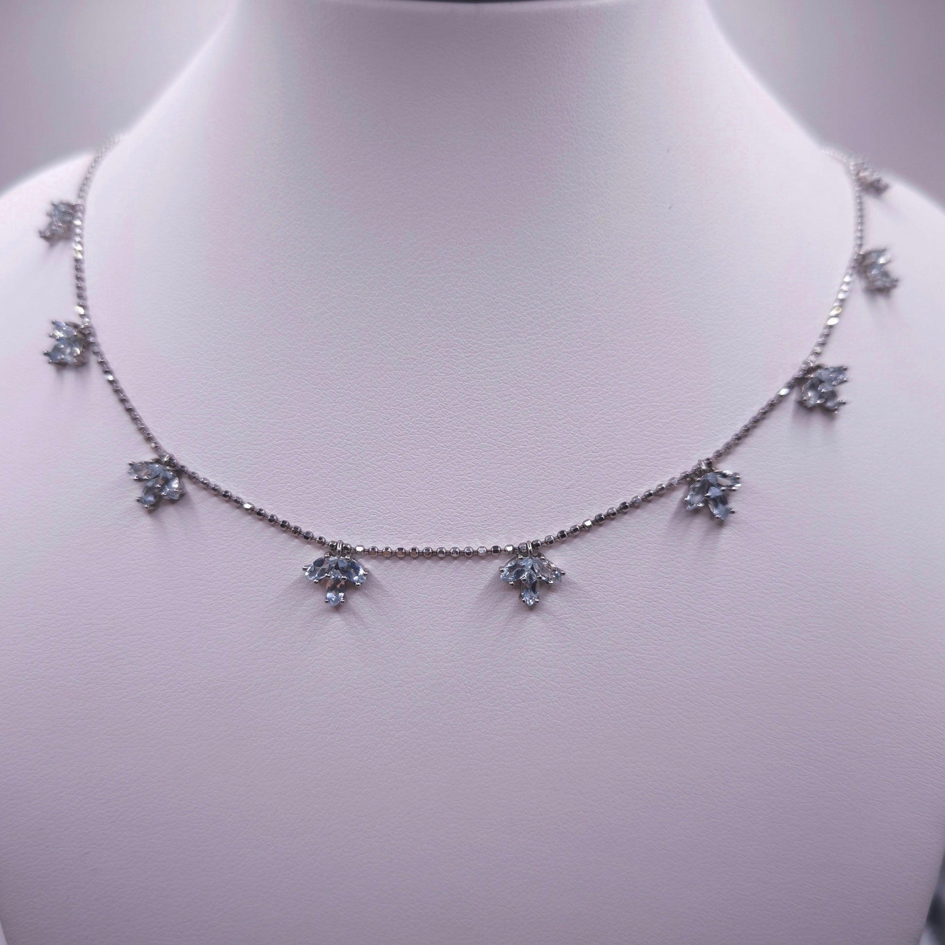 Sterling silver necklace with marquise-cut aquamarine gemstones