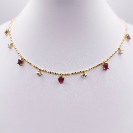 Gold plated sterling silver necklace with oval rubies and moissanite stones