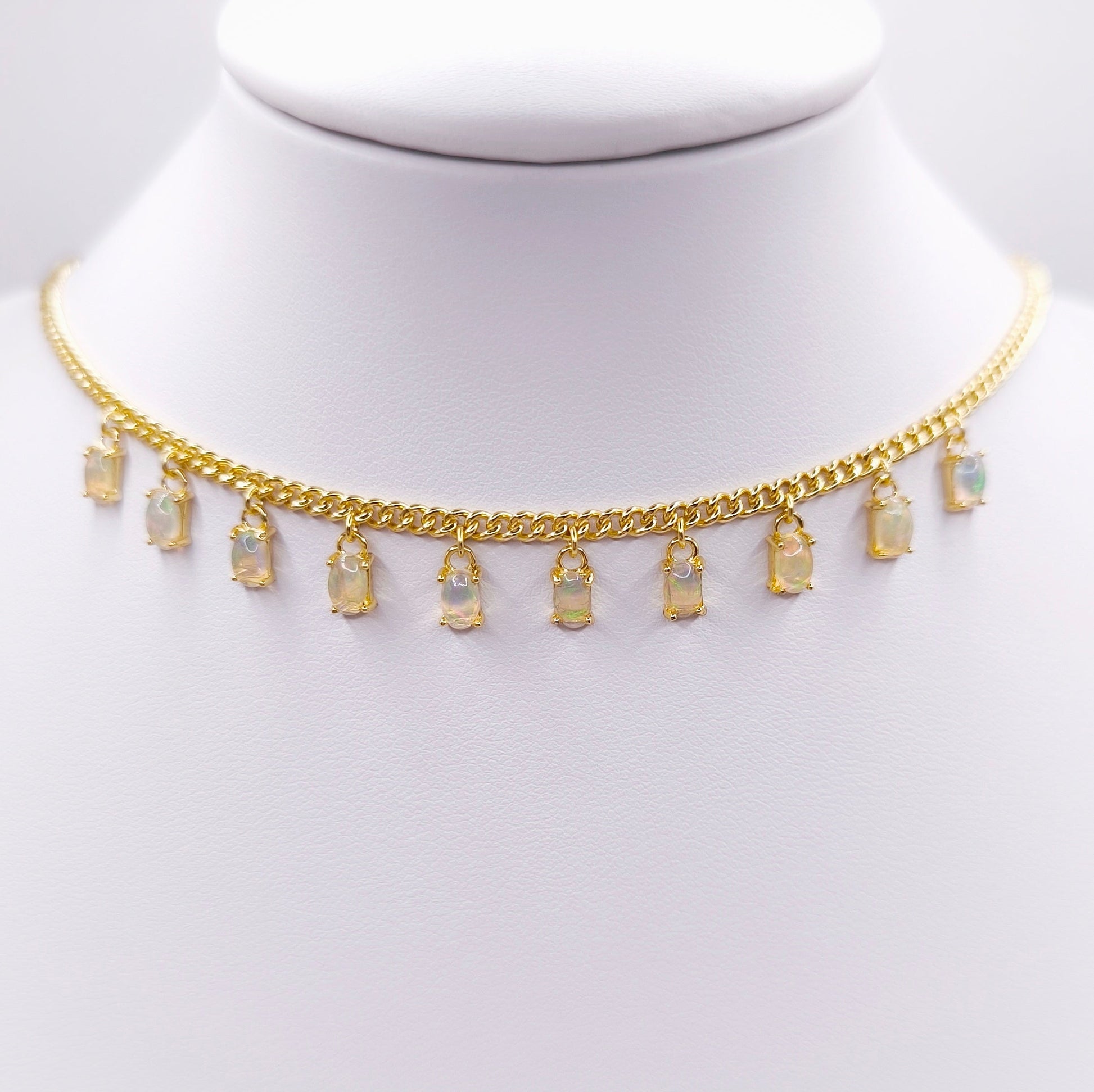 18K gold plated sterling silver necklace with oval cabochon Ethiopian opals, 4.5x4 mm