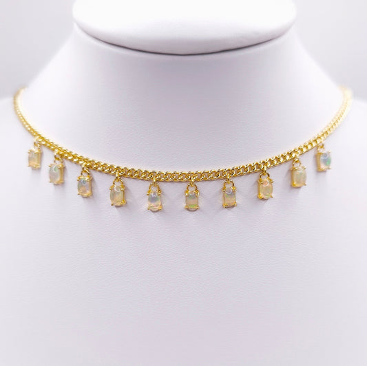 18K gold plated sterling silver necklace with oval cabochon Ethiopian opals, 4.5x4 mm