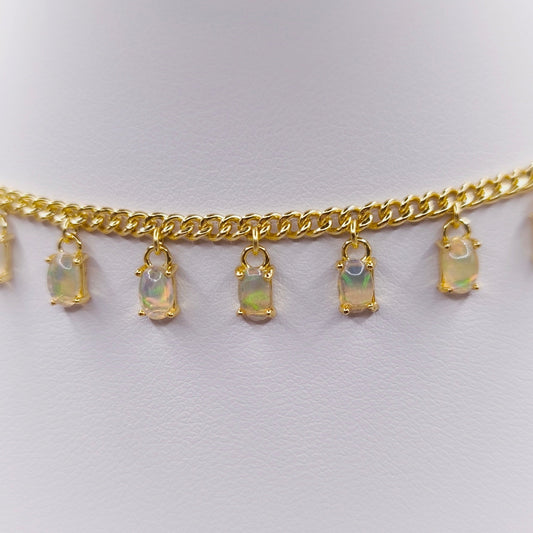 18K gold plated sterling silver necklace with oval cabochon Ethiopian opals, 4.5x4 mm
