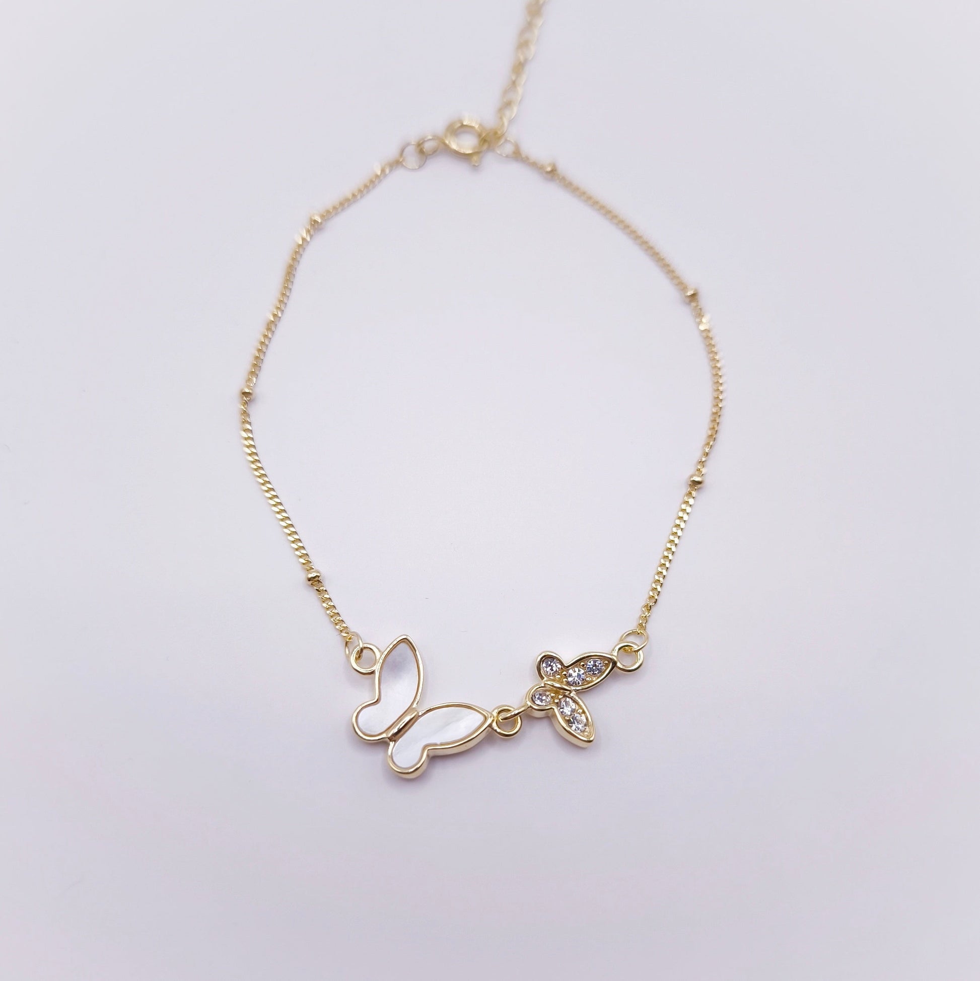 14K gold plated 925 sterling silver bracelet with two butterflies: mother of pearl inlay and cubic zirconia, 16+3 cm