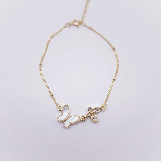 14K gold plated 925 sterling silver bracelet with two butterflies: mother of pearl inlay and cubic zirconia, 16+3 cm