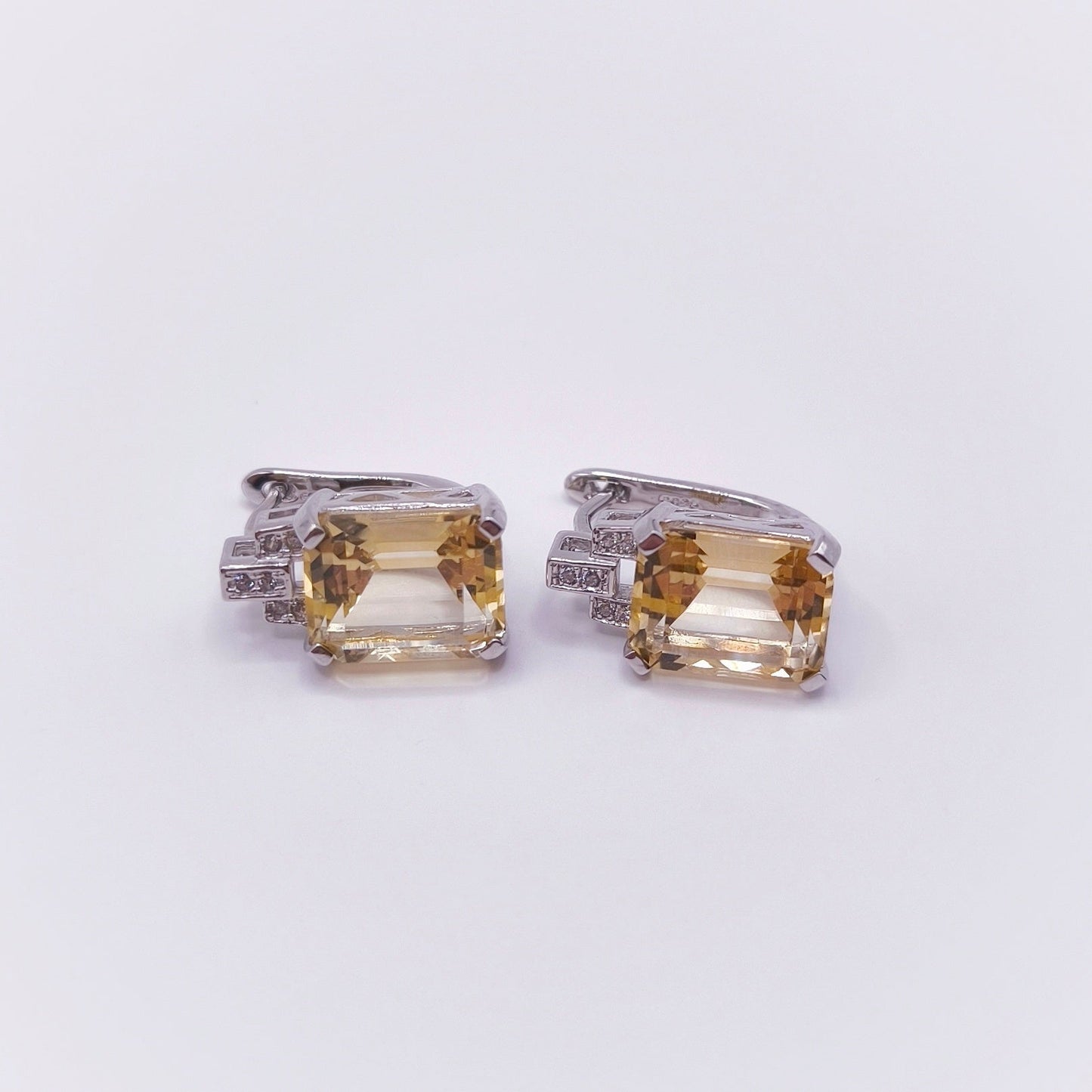 Citrine emerald-cut ear hoops in 925 silver - Crystal Elysium
