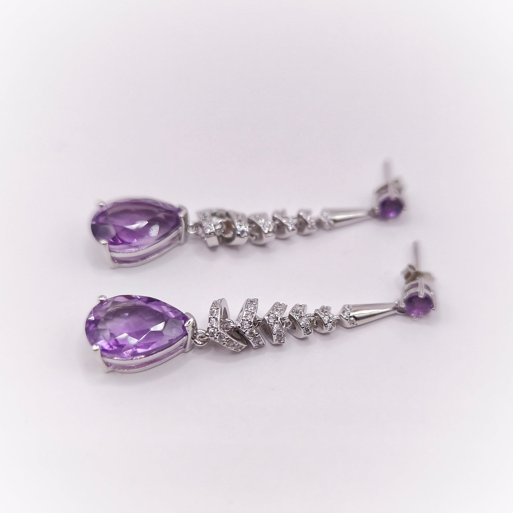 Amethyst pear drop silver dangling earrings - Crystal Elysium